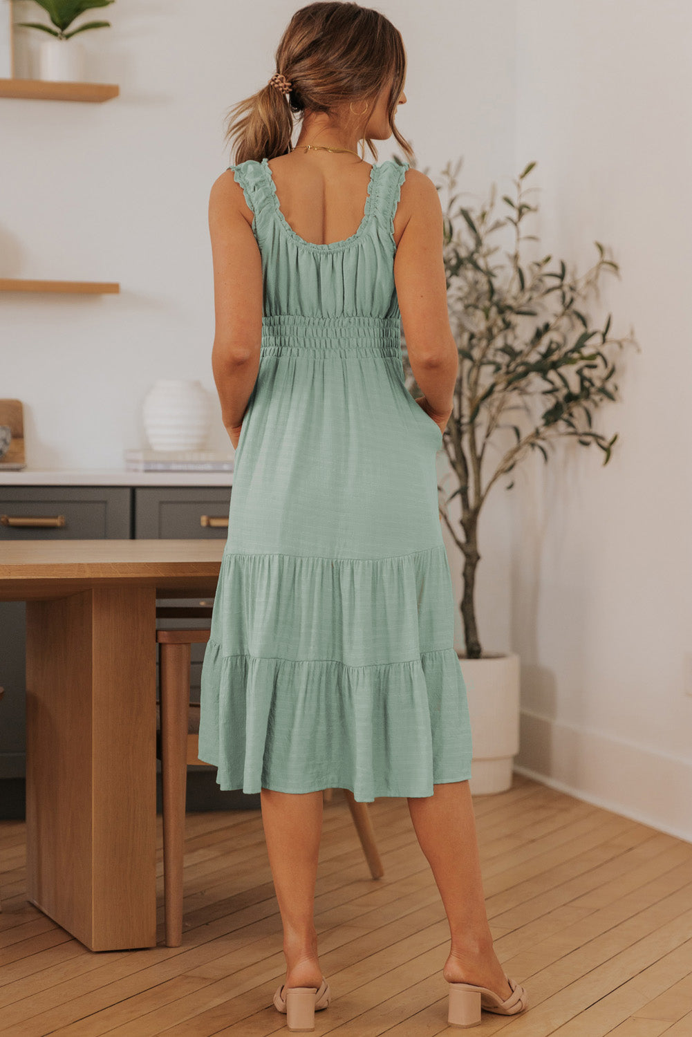 Smocked Waist Sleeveless Tiered Dress with Pockets